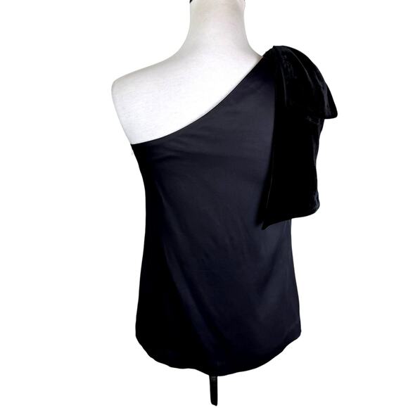 W by Worth Black Velvet Bow Rhinestone One Shoulder Satin Flirty Night Out Top - Picture 8 of 10